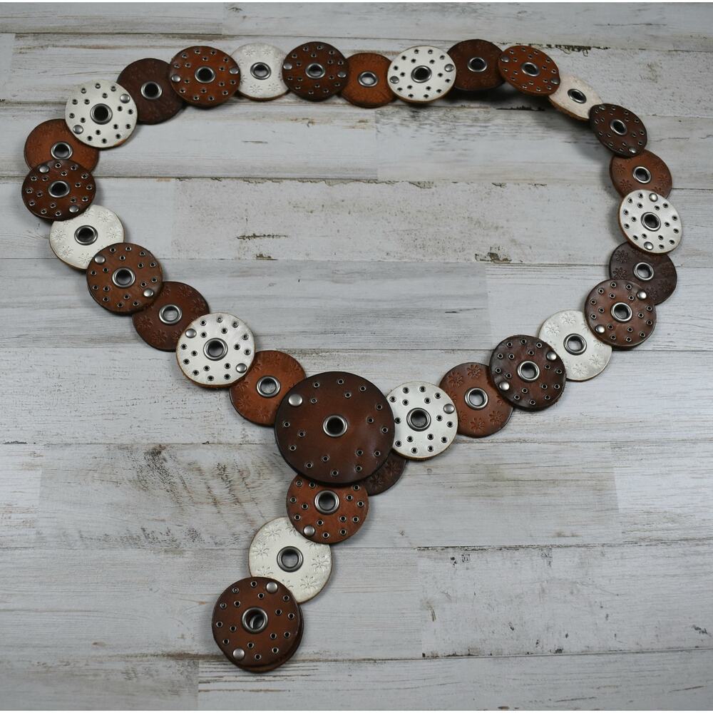 Y2K Vintage Boho Genuine Leather Swivel Loop Circle Link Belt Brown XL Western